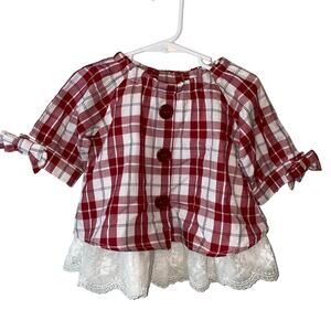 Rare Editions Red & White Plaid Dress with Lace Trim
